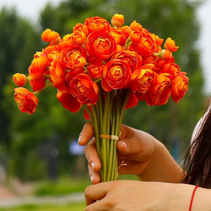 24 Pcs Ranunculus Artificial Flowers 10.5", Mini Faux Silk Ranunculus with Stem, Fake Flowers for Home Decor Indoor Wedding Bouquets Centerpieces (Orange)