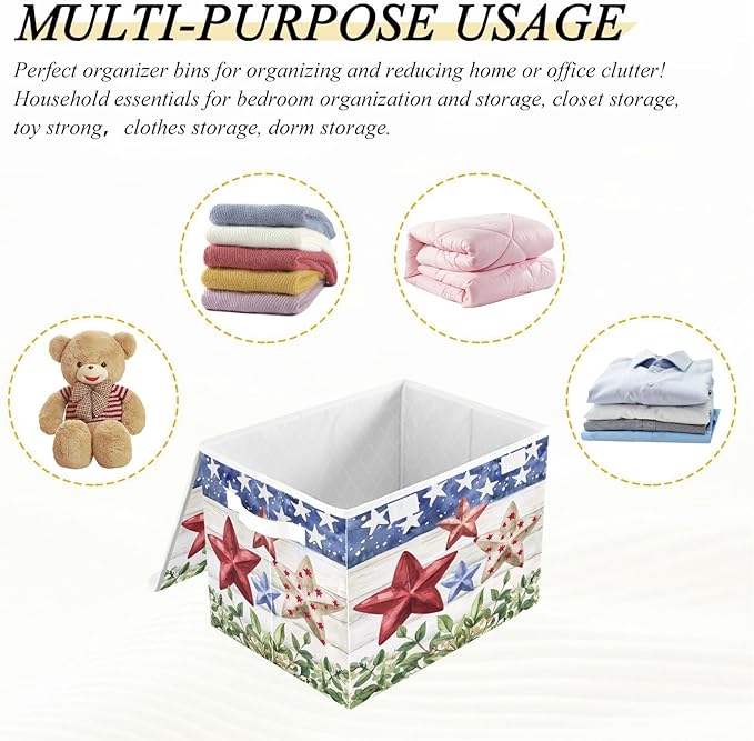 senya July Fourth Baskets Collapsible Storage Bins with Lids, American Flag Stars Storage Boxes Clothes Baskets for Organizing, B06D22020