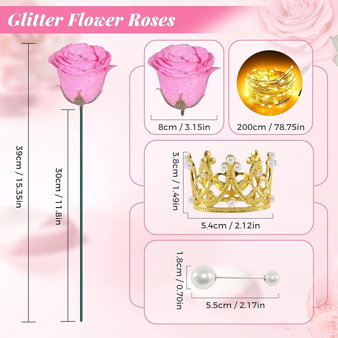 Pink Glitter Roses Bouquet, 36 Pcs Shiny Glitter Flowers Bouquet, Everlasting DIY Artificial Roses Bouquet for Christmas, Birthday, Anniversary, Wedding, Engagement