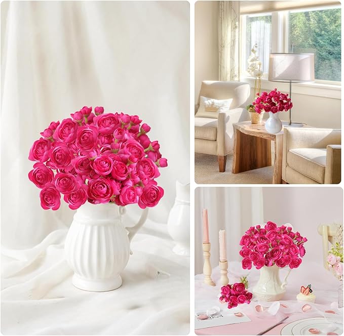 ASTRYAS Ranunculus Artificial Flower, 18Pcs Hot Pink Faux Silk Mini Ranunculus Flowers for DIY Bouquet, Bulk Fake Wedding Filler Flowers for Centerpiece Table Wedding Bridal Party Home Decor Cake