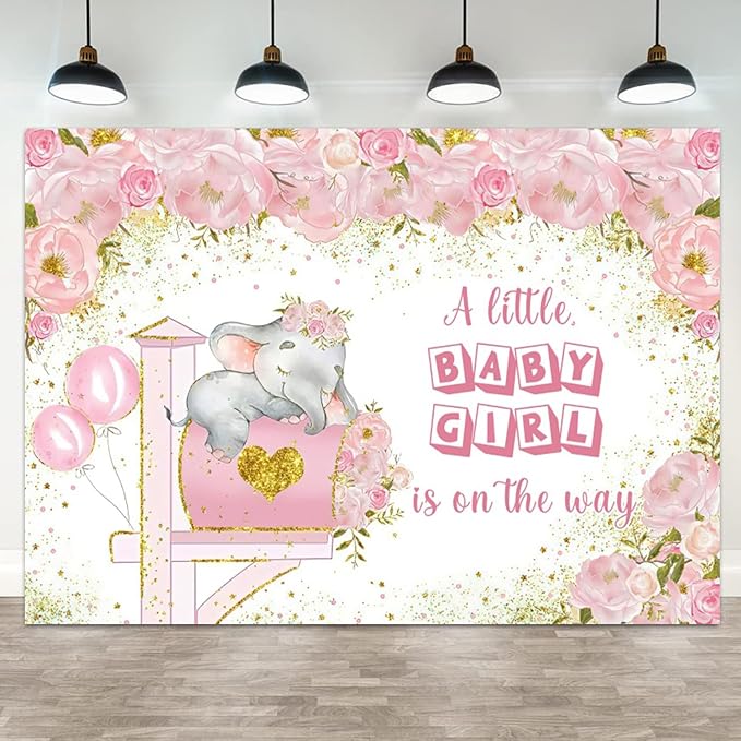 20x10ft Elephant Baby Shower Backdrop A Little Baby Girl is On The Way Photography Background Pink Floral Balloon Mailbox Baby Girls Party Banner Decorations Newborn Portrait Photo Booth Prop