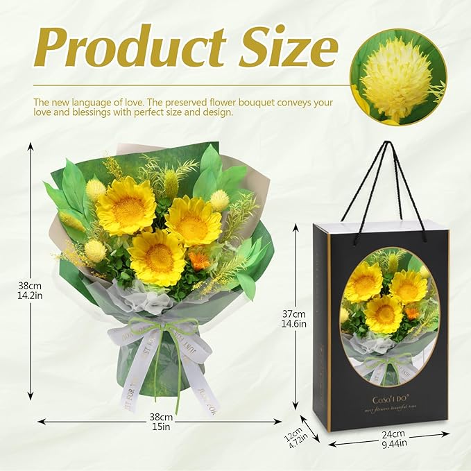 Casaido Preserved Flowers for Delivery, Sunflower Bouquet with Necklace, Forever Real Flowers Anniversary Birthday Gifts for Women Mom Wife Girlfriend, Eternal Flowers for Valentines Day Christmas