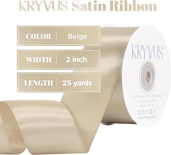 Beige Satin Ribbon, Double Faced 2 Inch X 25 Yards Beige Ribbon, Premium Satin Ribbon for Gift Wrapping, Crafts, Hair Bow Making, Sewing, Flower Bouquet, Wedding Party Decor