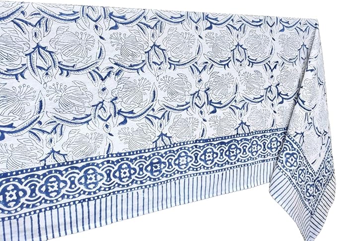 ATOSII ‘Santorini’ 100% Cotton Fall Tablecloth, Handblock Print Blue Rectangle Table Cloth for Kitchen I Dining Table Linen I Parties Wedding Christmas Thanksgiving I Fall Decor 60 X 90 Inches