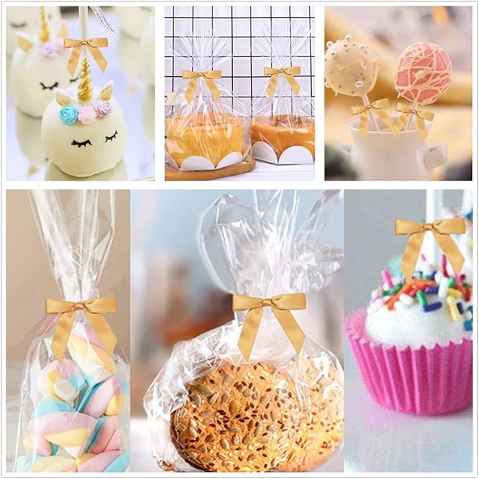 50 Pieces 3 inch Satin Ribbon Twist Tie Bows, Gold Pretied Bows with Twist Ties, Twist Bows Treats Bags, Bow Ties for Treats, Cake Pops, Baby Shower, Crafts, Gift Wrapping Favors, Cookies