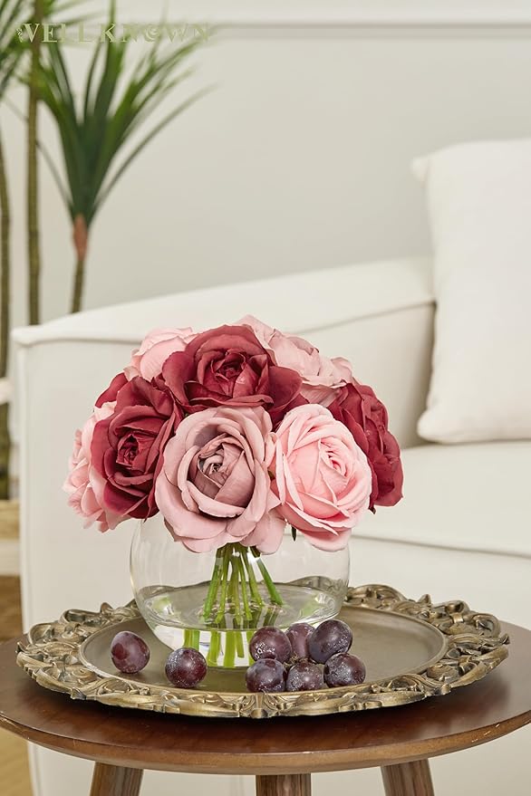 WELL KNOWN Silk Rose Artificial Flowers with Vase Artificial Rose Flower Arrangements in Round Bowl Vase with Faux Water for Home Table Decoration (Burgundy & Dusty Rose)