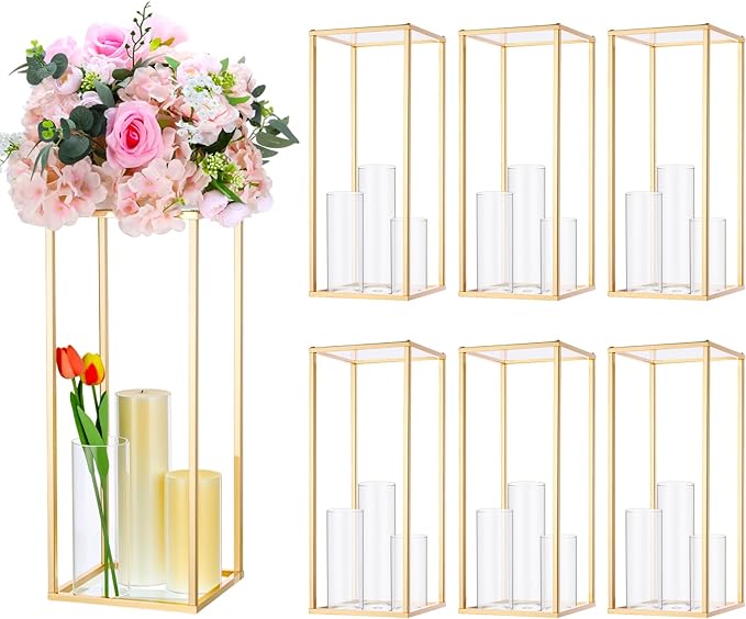 Sieral 6 Sets Wedding Clear Acrylic Flower Vase Include 6 Pcs Centerpieces Flowers Stand 18 Pcs Clear Glass Candle Holders Cylinder Vases, Flower Vases for Table Centerpiece Wedding Home Decor