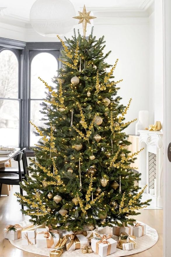 Oairse 8 Pcs Christmas Tree Picks and Sprays Gold Glitter Christmas Picks 25.6" Christmas Glitter Eucalyptus Leaves Stems for Christmas Tree Filler Branches Wreaths Centerpieces Holiday Decorations