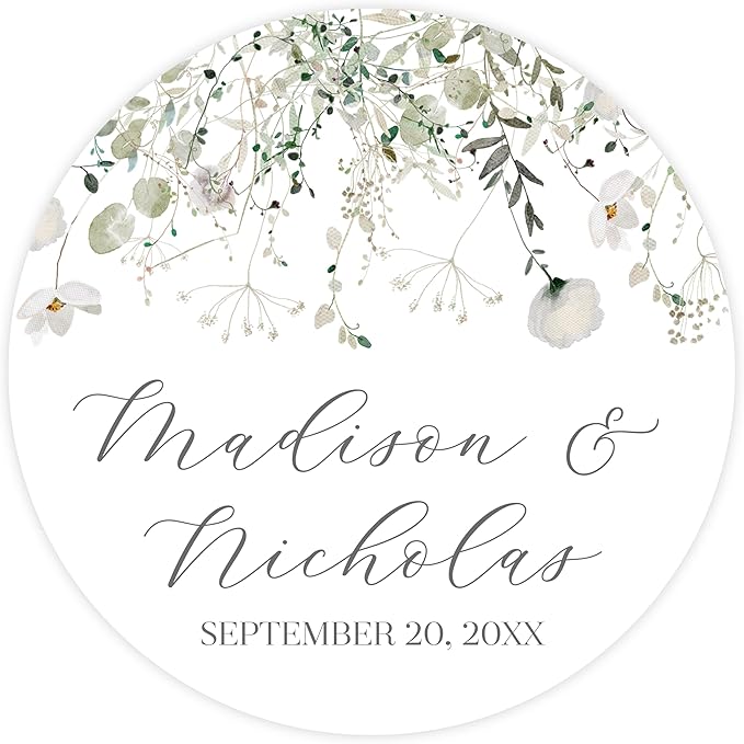 Personalized Floral Wedding Stickers with Your Choice of 30 Flower Styles - Choose Font and One of Five Pre-made Phrases or Add Custom Text (008 - White Wildflowers)