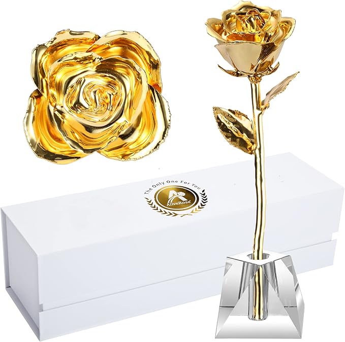 AliveRose Deluxe Golden Rose, Gold Dipped Rose Made from Real Rose Gift for Her on Wedding Anniversary Valentines Mothers Day (Deluxe Golden with Crystal Vase)