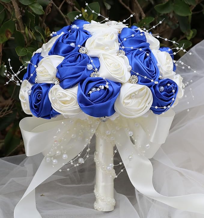 Bridal Wedding Bouquet Round Bling Brooch Bouquet Throw Toss Artificial Rose Flower Bunch for Bride Bridesmaid Wedding Quinceanera(Royal Blue & Ivory, 8.7")