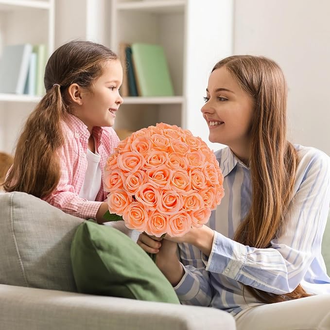 36 Pcs Peach Pink Artificial Roses with Long Stems, Fake Silk Rose Artificial Flowers Bulk for Bridal Wedding Bouquet Centerpiece Ball Arrangement Party Decor