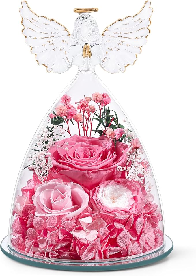 FIACO Gifts for Women Preserved Rose Forever Flower in Glass Angel Figurine Fresh Flowers for Delivery Mothers Day Birthday Gifts for Mom Grandma Wife Sister Pink