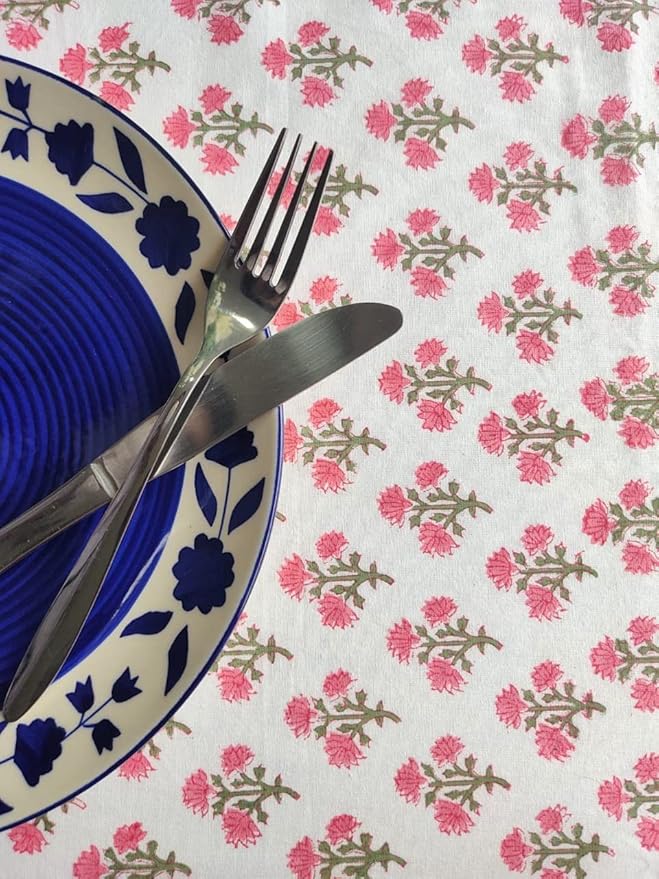 ATOSII Gulbahar White Pink 100% Cotton Fall Rectangle Tablecloth, Hand Block Print Washable Table Cover, Christmas Parties Buffet Dining, Weddings, Thanksgiving, Halloween, 60 X 90 Inches, 6 Seater