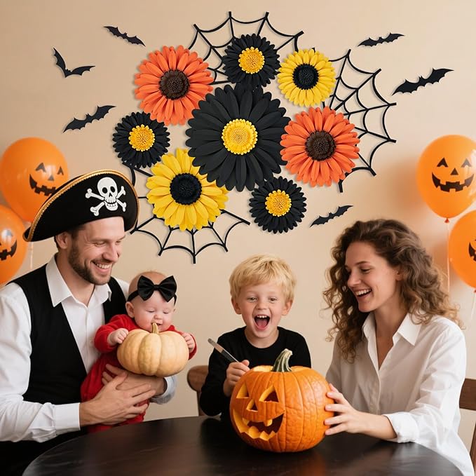 Paper Flowers Decorations for Wall, Black and Orange Party Decorations 3D Large Artificial Flower Hanging Paper Fans Fall Bulletin Board Decoration for Classroom Autumn Thanksgiving Window Fall Decal