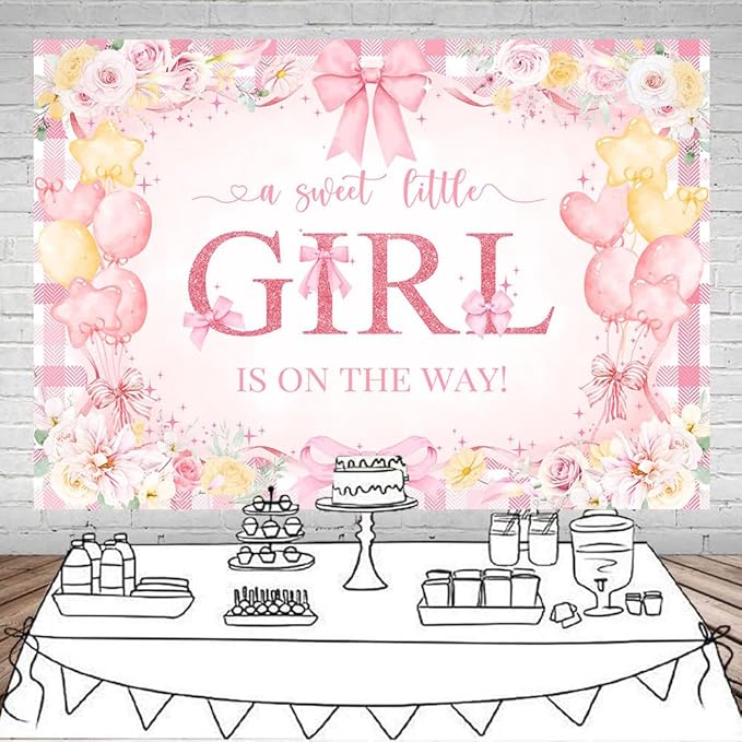 Mocsicka 7x5ft Girl Baby Shower Backdrop Pink Bow Floral Sweet Baby Girl is On The Way Decorations Banner Watercolor Balloon It's a Girl Banner Photo Booth Props (7x5ft (82x60 inch))
