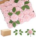 200PCS Artificial Flowers Light Pink Roses Real Looking Foam Fake Roses with Leaves and for DIY Wedding Bouquets Bridal Shower Centerpieces Party Decorations (Light Pink, 200)