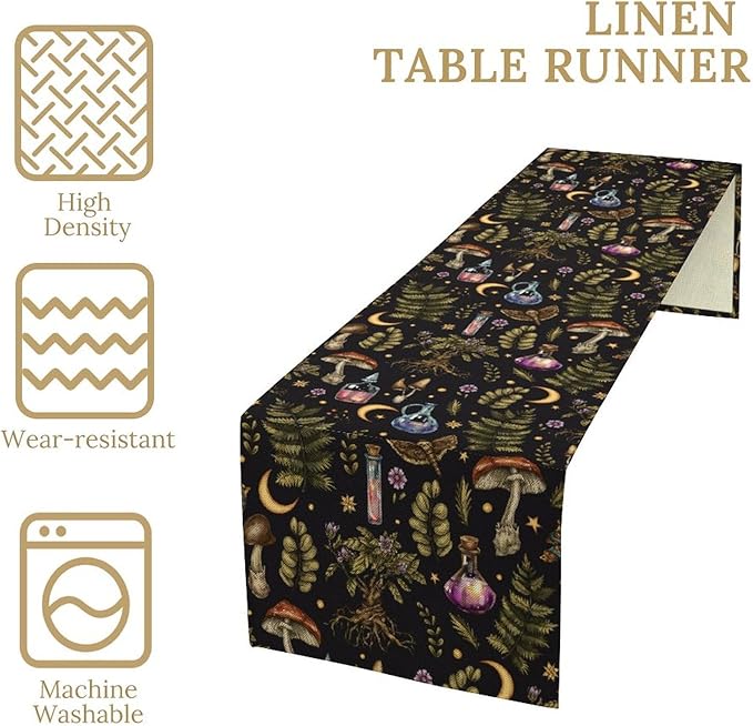 Vintage Mystical Witch Table Runner, Magic Poison Vials Rustic Forest Plants Wild Mushroom Moth Print Table Runner for Kitchen Dining Home Decor Wreath Party Decoration, 13x90inch
