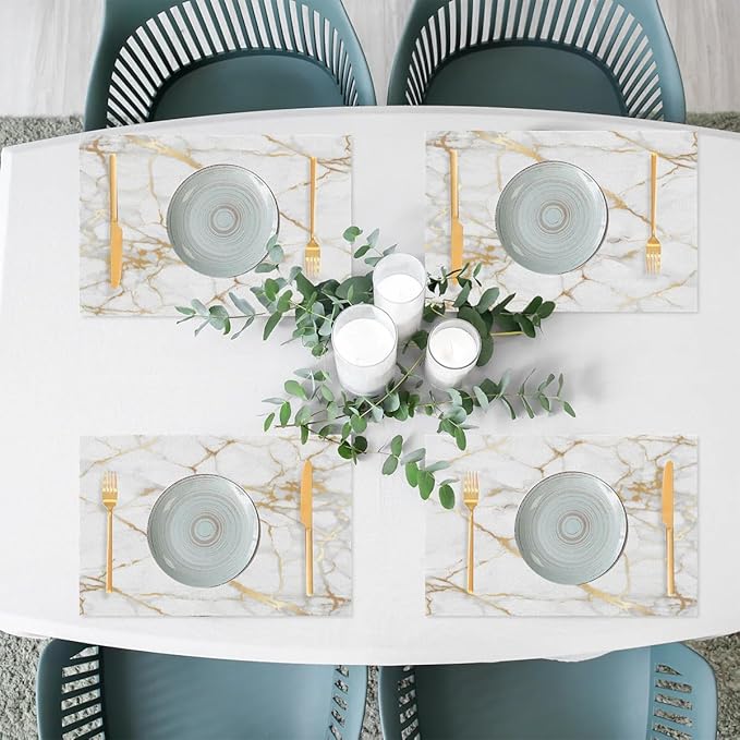 PVC Placemats Set of 4 White Gold Marble Wipeable Table Mats Washable Heat Resistant Non Slip Vinyl Dining Table Mat for Kithen Indoor Outdoor Patio Farmhouse Place Mats Decorative