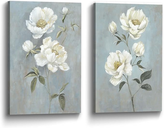 Flower Canvas Abstract Wall Art: 2 Pieces White Floral Prints Artwork Vintage Peony Bouquet Botanical Painting Picture for Bedroom Living Room Bathroom Home Office