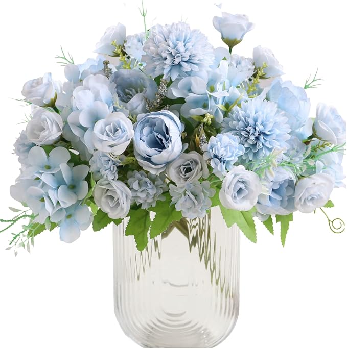 ASTRYAS Artificial Flowers, 2Pcs Blue Fake Peony Silk Peonies Faux Flowers Arrangements for Home Decor Wedding Party Christmas (Light Blue)