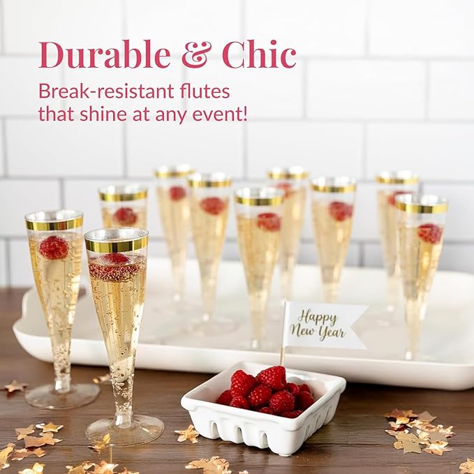Prestee 48 Disposable Plastic Champagne Flutes with Gold Rim Glitter - Clear Toasting Glasses for Mimosa, New Year’s Eve Party, and Elegant Celebrations - Premium Quality Disposable Stemware