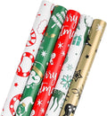 KIMOBER 5 Rolls Christmas Wrapping Paper with Cut Lines on Reverse,Colourful Coated Paper with Cartoon Xmas Elements(17in×118in Per Roll)