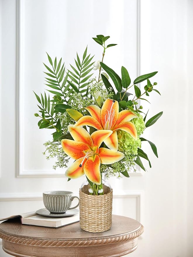 Hollyone Fake Flowers with Vase, Orange Silk Tiger Lily Artificial Flowers in Vase, Faux Plants and Flowers Arrangement Bouquets with Vases for Table Centerpieces Office Bathroom Home Decor