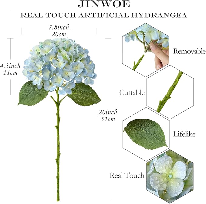 Light Blue Hydrangea Artificial Flowers,4Pcs 20" Real Touch Lifelike Silk Artificial Hydrangeas, Full Fake Flowers for Bouquet Table Centerpieces Spring Wedding Indoor Home