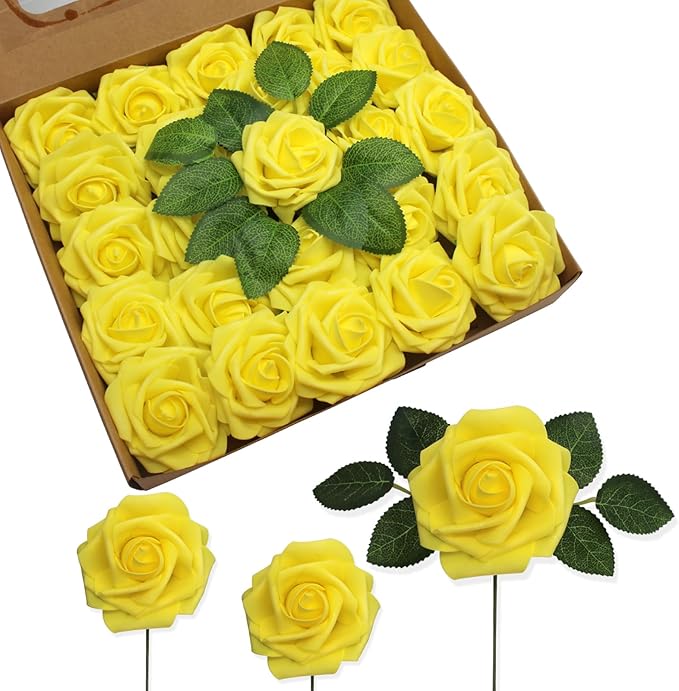 JOYLEX Artificial Flowers Yellow Realistic Roses, Real Looking Fake Roses with Stem for DIY Wedding Bouquets Centerpieces Bridal Shower Party Home Romantic Decorations (Yellow, 100pcs)