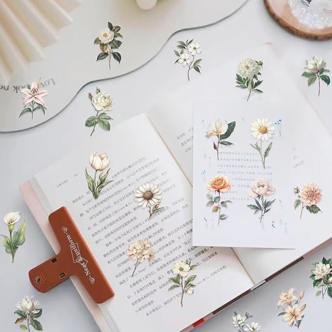 50 Pcs Vintage Flower Stickers,Waterproof PET Sticker Self-Aesthetic Floral Decoration for Journaling, Laptop, Guitar, Phone Case DIY Scrapbooking