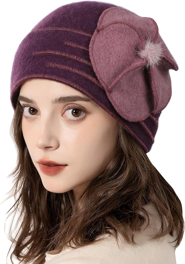 Sumolux Beanie Hats for Women Wool Skull Cap Beret Floral Cuffed French Vintage Dress Cloche Classic Winter 1920s