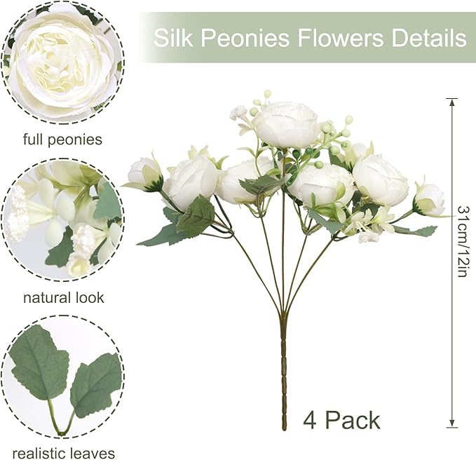 SOMYTING Peonies Artificial Flowers, Fake Flowers White Peonies Faux Flowers Vintage Artificial Silk Flower Peonies Bouquets Floral Arrangements Home Wedding Party Coffee Table Decor (White, 4PCS)