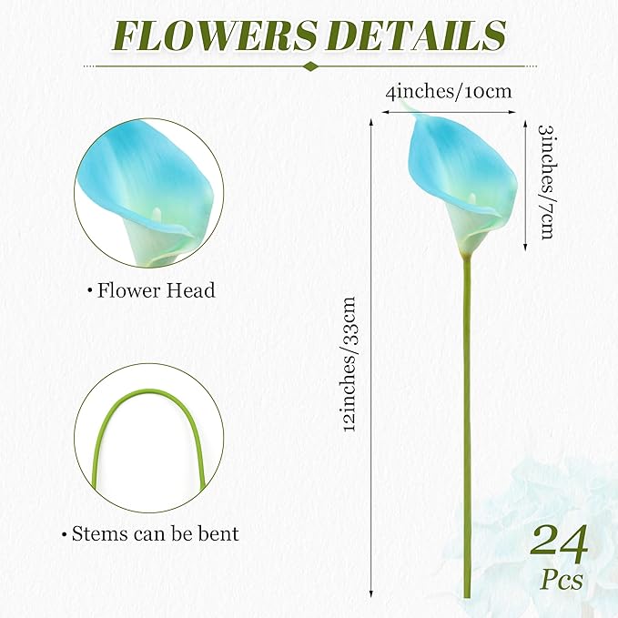 24 Pcs Artificial Calla Lily Flowers Fake Silk Flowers Real Touch for Wedding Bouquet Office Home Kitchen Decor (Peacock Blue)