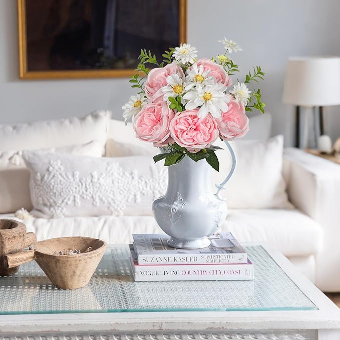 Peonies Artificial Flowers 9PCS Long Faux Pink Flowers Artificial Realistic Peony Daisies Silk Flower Arrangements 18.5" Fake Flowers for Vase Centerpiece Wedding Party Home Decor DIY Bridal Bouquet