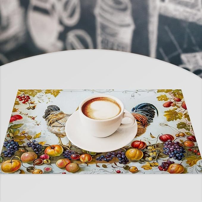 Rooster Placemats Set of 4 Farmhouse Fruits Chicken Placemats Farm Cock Chicken Country Hen Washable Place Mats for Party Kitchen Dining Decoration 4 PCS