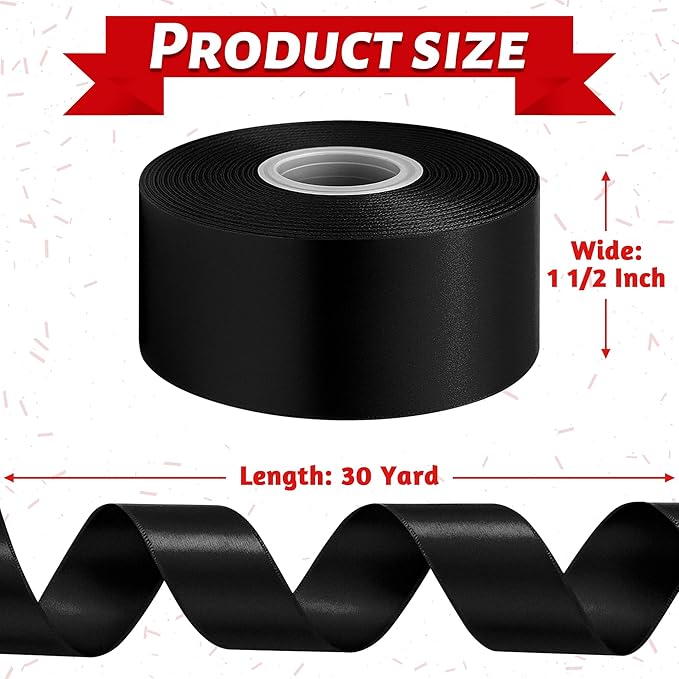 Fullive 1 1/2 Inch Black Ribbon, 30 Yards Black Ribbon for Gift Wrapping, Solid Polyester Satin Halloween Ribbons for Graduate Halloween Decorations DIY Hair Bows Floral Arrangements Wrapping Bouquet
