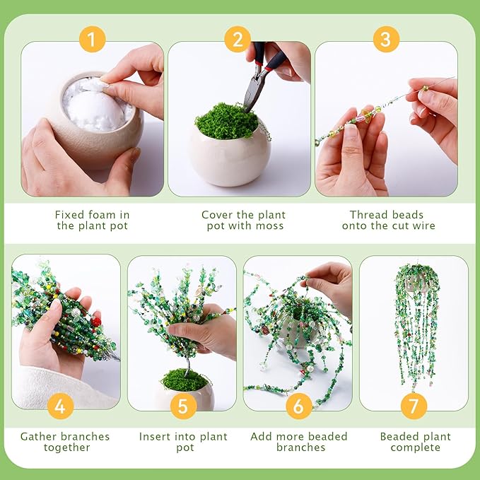 FOGWOWO 5422 Pcs Beaded Plant Kit Green Glass Beads for Plant Making with Video Tutorials,Green Beads for Beaded Plants Nature Colorful Crystal Glass Leaf Bead for DIY Crafts Plants Lover Gifts