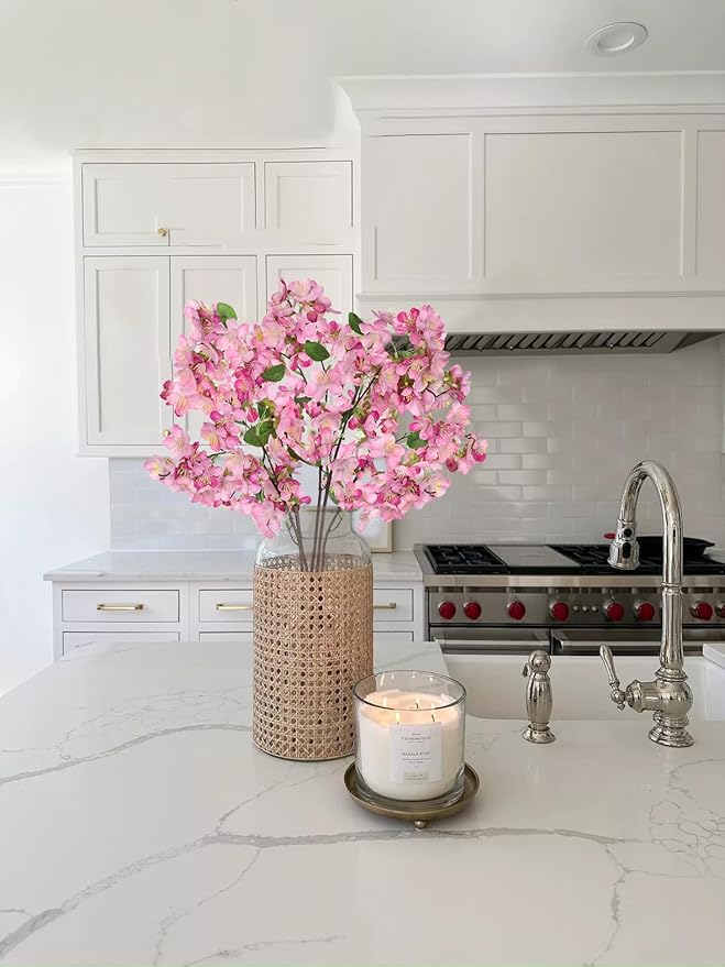 DILATATA Artificial Cherry Blossom Flowers 5 Pcs Silk Cherry Blossom Stems 22 Inch Long Stems Faux Silk Peach Flowers for Tall Vase Spring Decor Wedding Party Home Table Arrangement - Pink