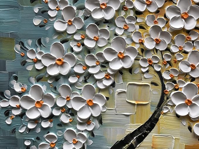 YaSheng Art - hand-painted Oil Painting On Canvas white Flowers Paintings Modern Home Interior Decor Abstract Art picture Ready to hang 24x24inch
