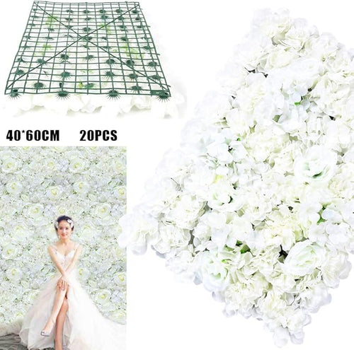 20 Pack Flowers Wall Panels Artificial Floral Wall Mat Handmade 3D Silk Rose Hydrangea Dahlia Floral Panels for Photo Background Home Party Wedding Backdrop Decoration, 24 x 16 inch (C)