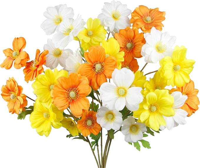 6 Pcs Artificial Flowers with Stems Faux Daisy Flowers Bouquet Orange Gardenia Silk Flowers for Home Decor Indoor Vase Outdoors Balcony Table Centerpiece Outside Floral Arrangements Wedding