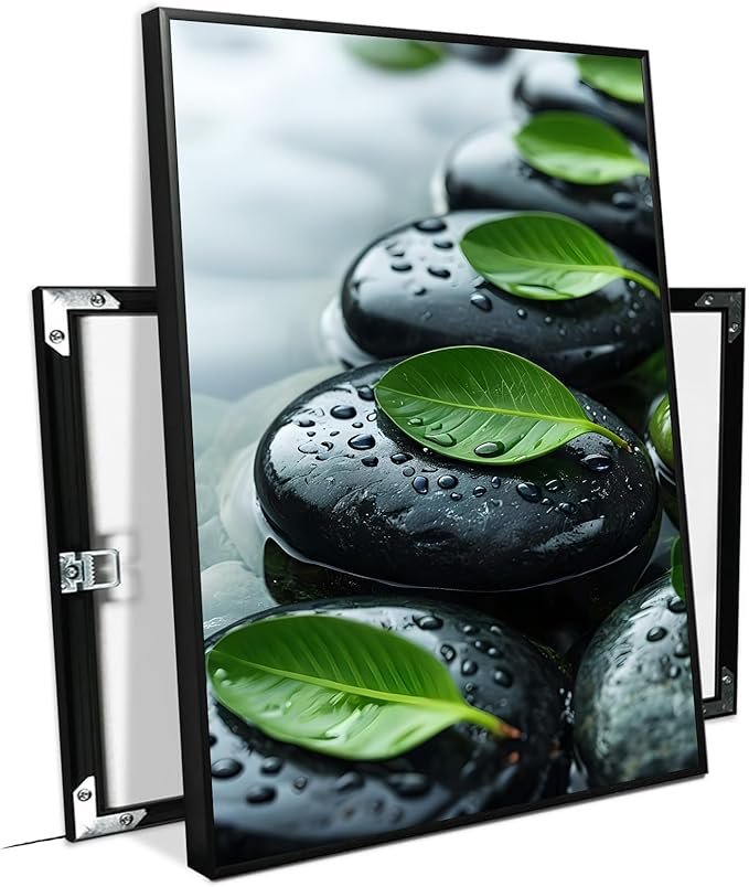 Glittering black stone cluster with fresh green leaves and water drops poster tranquil mist rain wall art zen wall art suitable for modern minimalist home decor 12x18in Metal blackFramed