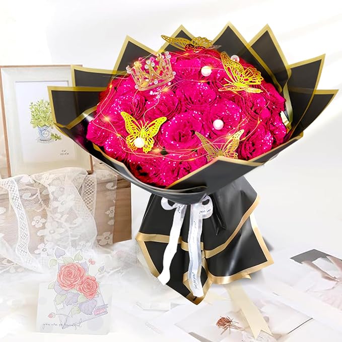 Rose Pink Glitter Roses Bouquet, 24 Pcs Shiny Glitter Flowers Bouquet, Everlasting DIY Artificial Roses Bouquet for Christmas, Birthday, Anniversary, Wedding, Engagement