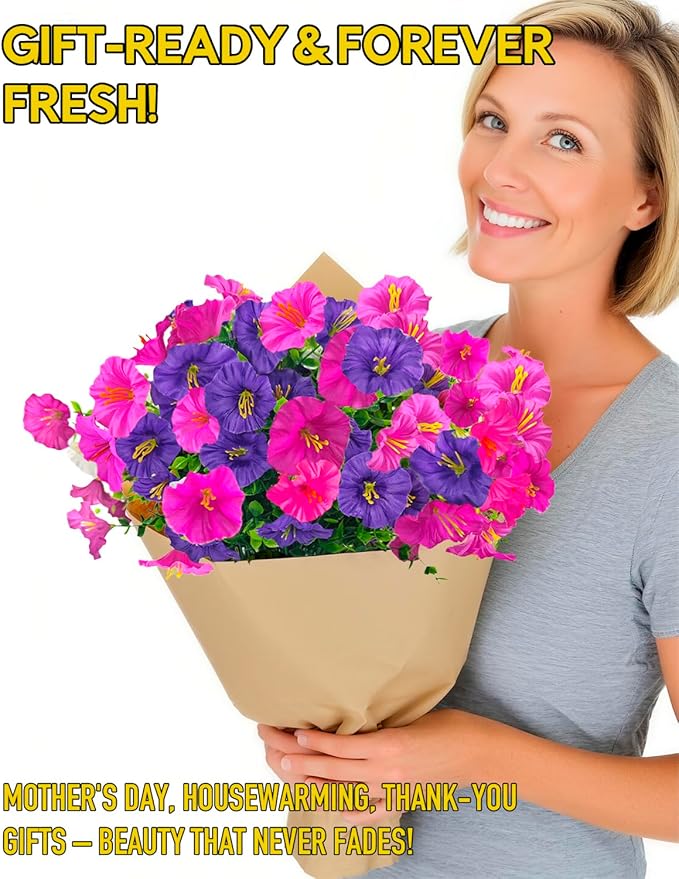 UV Resistant Fake Flowers for Outdoor Planters Hanging Basket Window Box - 12 Bundles Realistic Silk Artificial Flowers Outside with Eucalyptus, Faux Plants for Porch Garden Patio Home Décorations