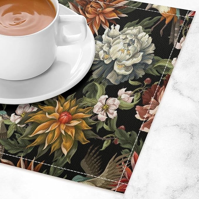 Vintage Floral Placemats Set of 6, 17x12 Inch Colorful Flowers Birds Green Leaves Black Retro Aesthetic Art Print Table Mats for Home Party Kitchen Dining Decor