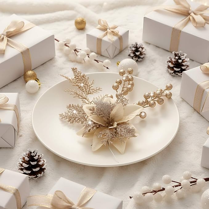 60 Pcs Christmas Glitter Branches 6 Styles Artificial Christmas Picks Berries Stems Poinsettia Flowers Pine Needles Floral Twig Spray for Xmas Tree Ornaments DIY Wreath Garland(Champagne)