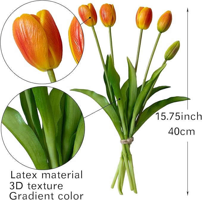 40pcs Artificial Tulips Flowers, Real Touch Latex Bouquet, Fake Tulips for Office Wedding Party Home Kitchen Garden Decoration-B Orange Suit