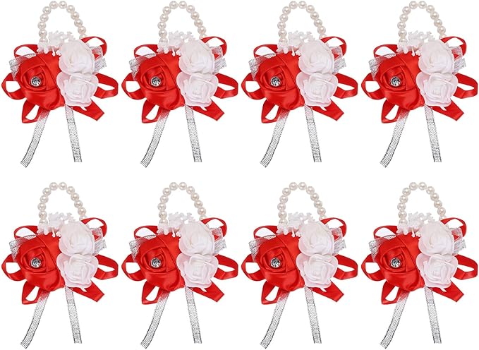 MECCANIXITY 8Pcs Wrist Corsage Artificial Flower Bracelets Rose Wrist Bride Groom Decorative for Wedding Ceremony Prom Party Anniversary Red