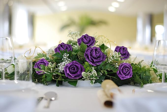 IPOPU Glitter Roses, 25pcs Foam Glitter Roses Glitter Flowers Foam Rose with Stem for DIY Wedding Bridal Bouquet Home Party Decoration(Purple)